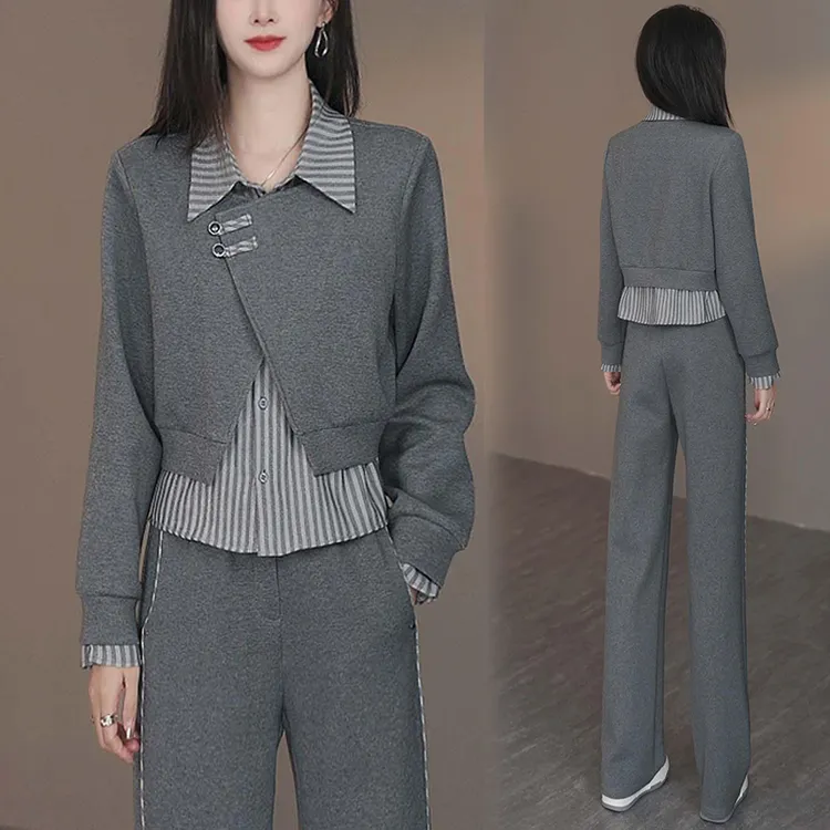 2025春秋季新款时尚套装女设计感拼接假两件长袖上衣阔腿裤两件套