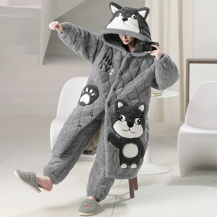 男士睡衣冬季三层夹棉加厚加绒卡通连帽长款睡袍青少年家居服套装