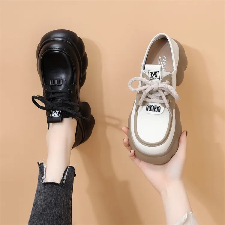 厚底小皮鞋女2025新款春秋季时尚厚底圆头百搭乐福鞋系带超轻软底
