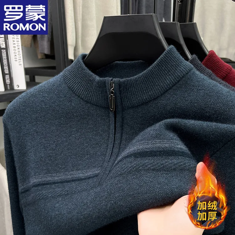 罗蒙冬季男士加绒加厚半拉链圆领针织衫毛衣中老年保暖舒适打底衫