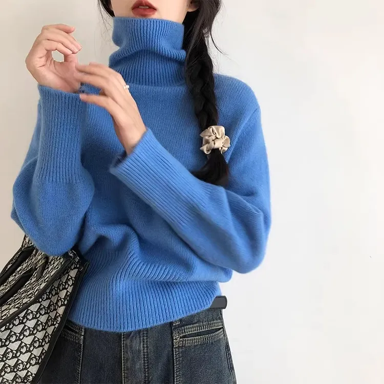 冬季新款高领毛衣内搭女克莱因蓝短款百搭宽松慵懒加厚打底针织衫