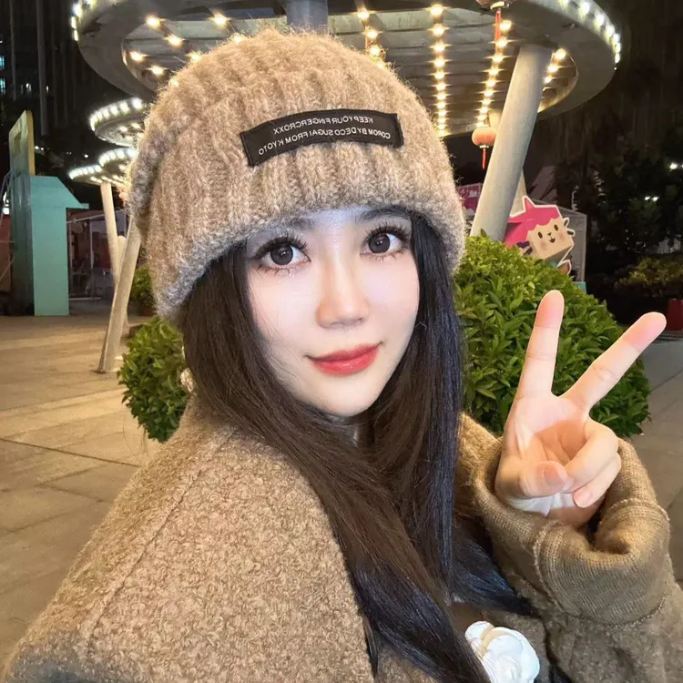 2024秋冬新横标保暖含羊毛线帽女加厚护耳大头围显脸小堆堆针织帽