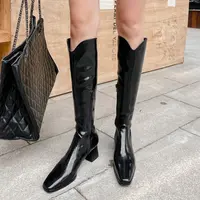 米娜精选~版型好~显腿长~V口骑士靴新款马油牛皮粗中跟高筒长靴女