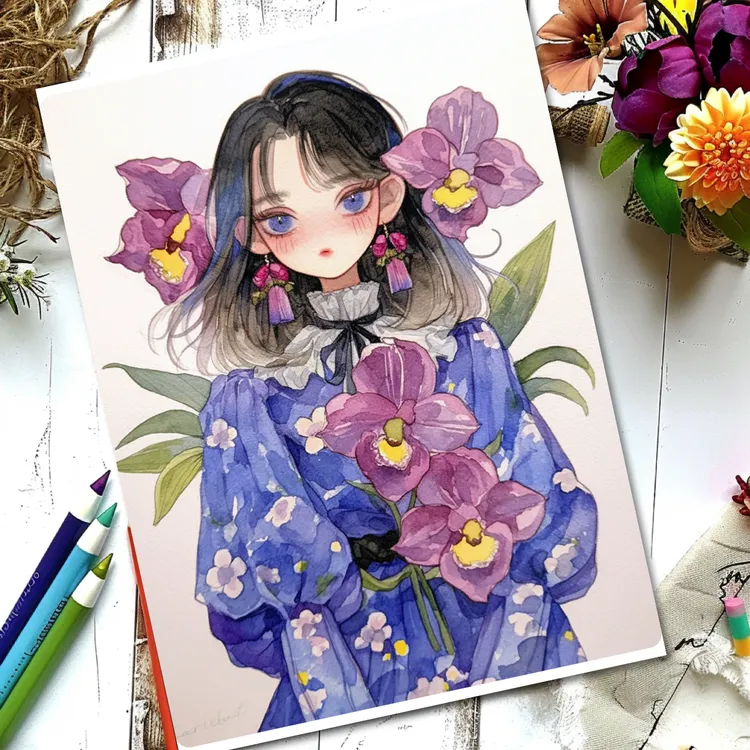 深闺佳丽临摹卡儿童创意美术明信片马克笔时尚高级动漫人物范图