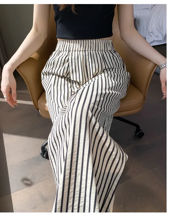 2024夏季新款条纹棉麻阔腿裤女高腰宽松垂感直筒仿麻拖地长裤女