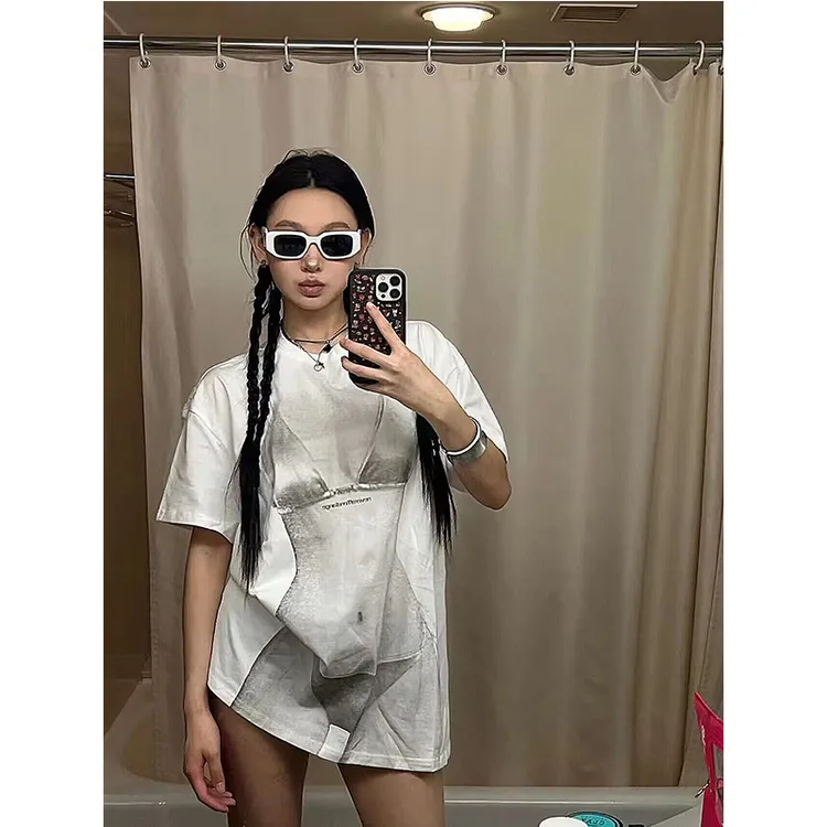透视效果宽松短袖t恤女美式街头oversize下半身失踪半袖上衣夏季