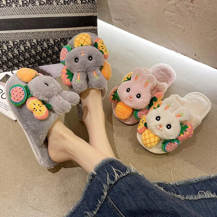 卡通可爱小兔毛绒拖鞋女冬居家软萌少女心棉拖鞋软底防滑家用保暖