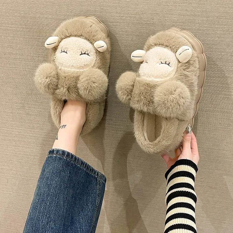 可爱眯眼兔踩屎感厚底棉拖鞋女冬季家居室内保暖毛绒月子包根棉鞋