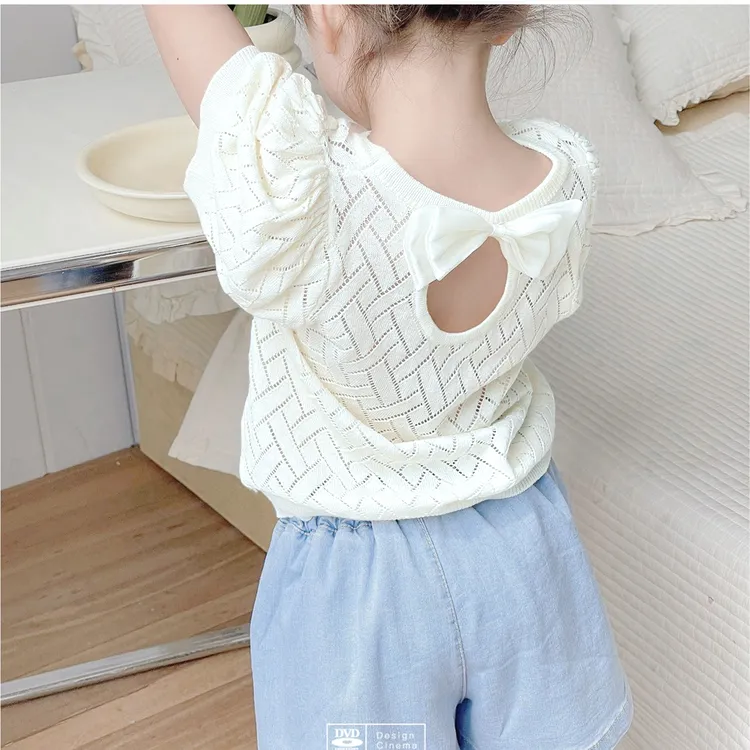 女童短袖冰丝薄款针织衫蝴蝶结镂空泡泡袖上衣女宝宝2025季新款