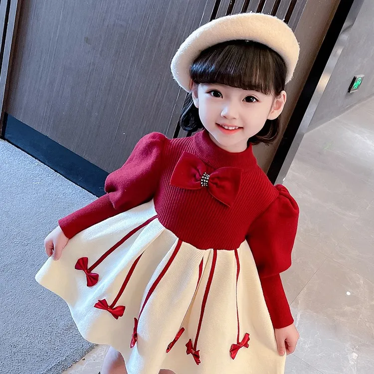 女童连衣裙秋冬儿童公主裙针织宝宝2025小童红色公主裙子洋气冬季