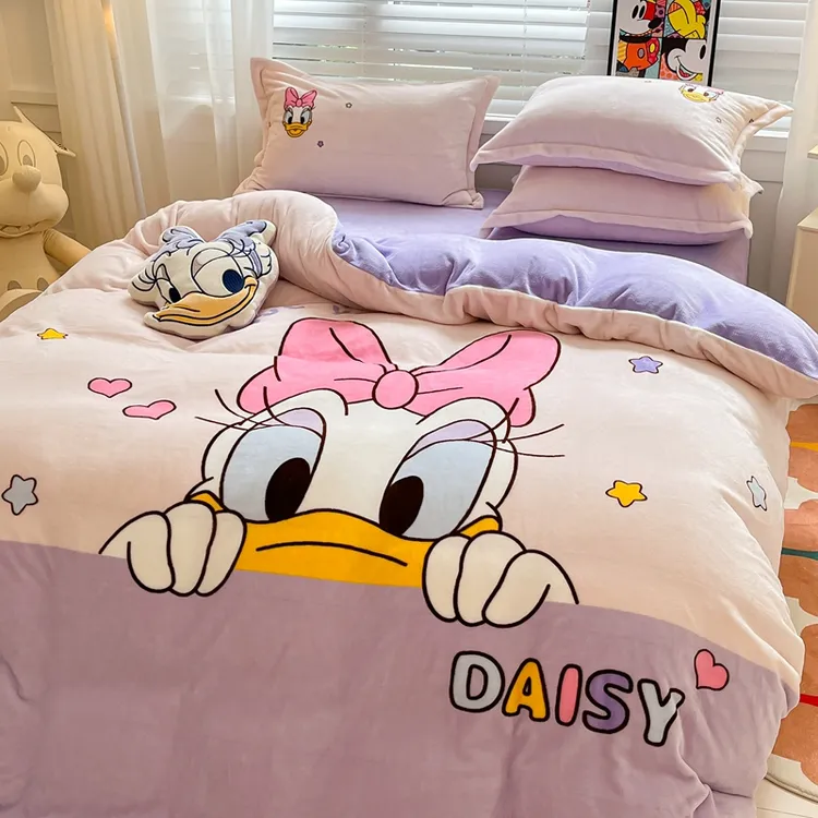 迪士尼卡通儿童牛奶绒加厚四件套公主风女孩子草莓熊三件套双面绒