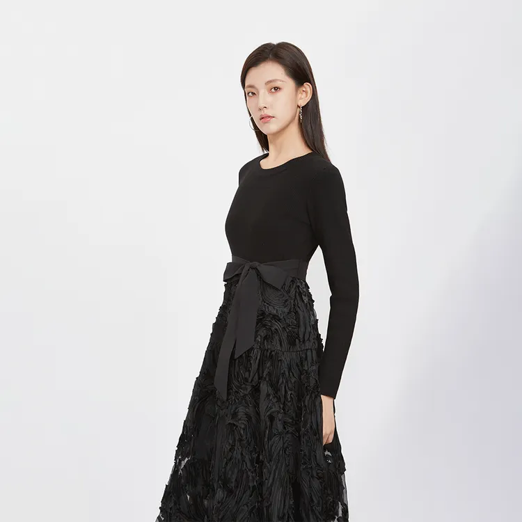 S·DEER圣迪奥女装重工立体花朵高腰蓬松A字大摆连衣裙S233Z12BA