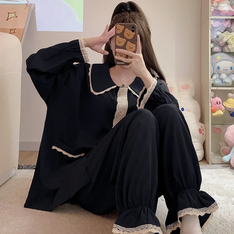 春秋款娃娃领泡泡长袖睡衣女加肥加大码300斤甜美薄款家居服套装