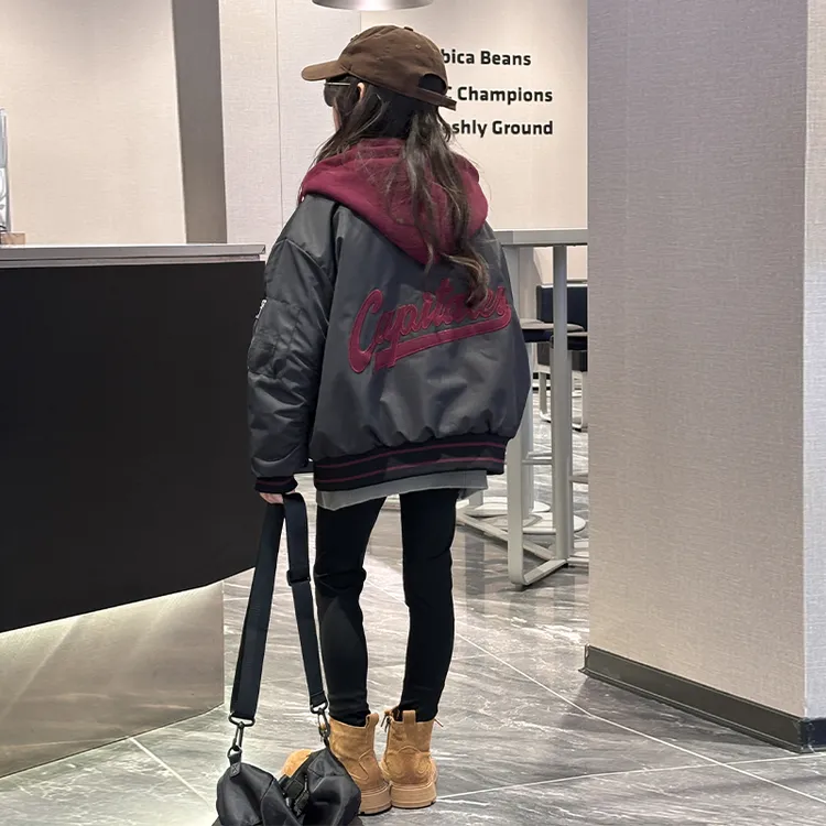 女童秋冬夹棉外套2025新款洋气大童加厚连帽棒球服冬装假两件棉服