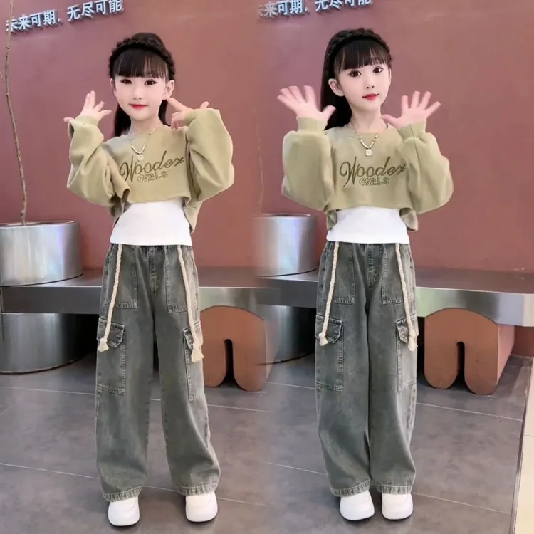 女童卫衣套装春秋季2025新款洋气女孩牛仔工装裤三件套儿童背心短