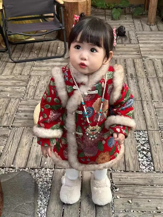 拜年服女童汉服冬款加绒加厚中国风新年服长款儿童旗袍女宝连衣裙