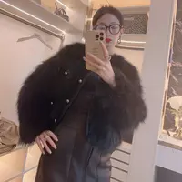 YMM7003新款黑色貉子毛绵羊皮女鹅绒外套短款