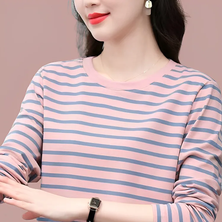 新款秋季时尚中年妈妈宽松内搭打底衫女士t恤条纹长袖上衣洋气