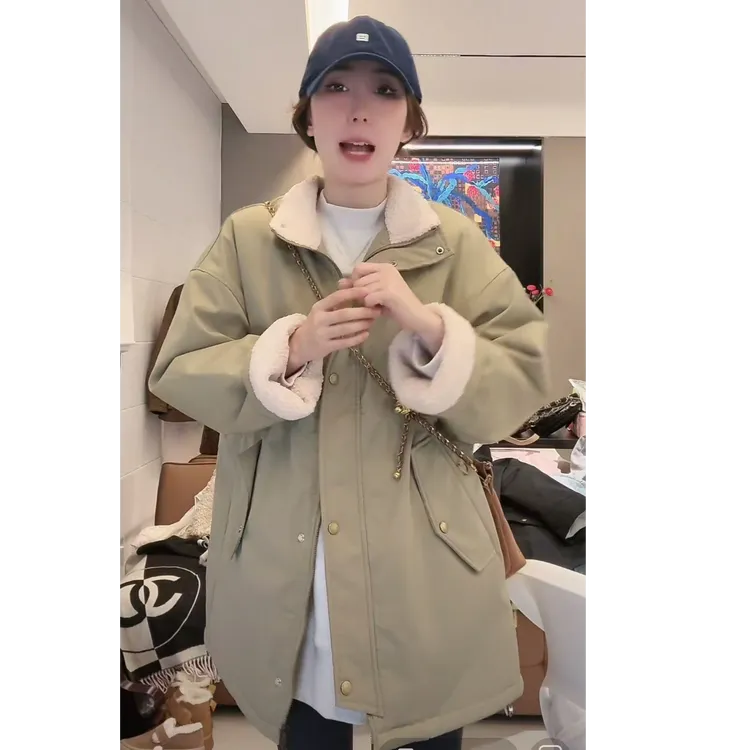 韩版2024冬季新款立领外套拼接加厚羊羔毛中长款外套宽松休闲上衣