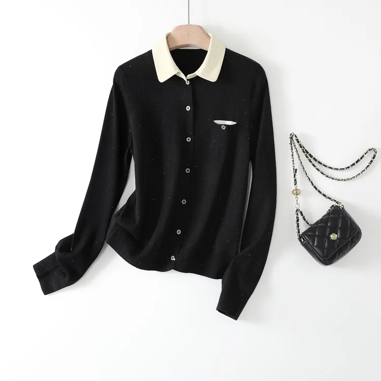 IHIMI/海谧【星光】2025春季新款女装时尚百搭珠片撞色领假两件毛衣