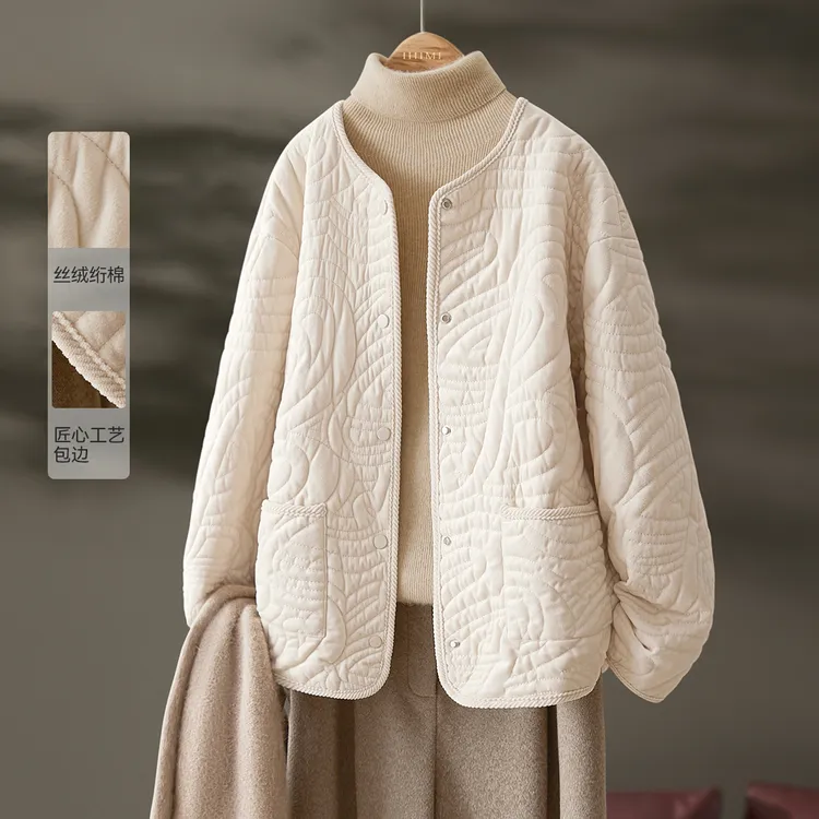 IHIMI/海谧2024年冬季新款女装简约百搭加厚圆领短款棉服外套上衣