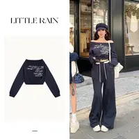 小雨姐姐新款【街派卫衣】设计感字母印花一字肩短款休闲卫衣女秋