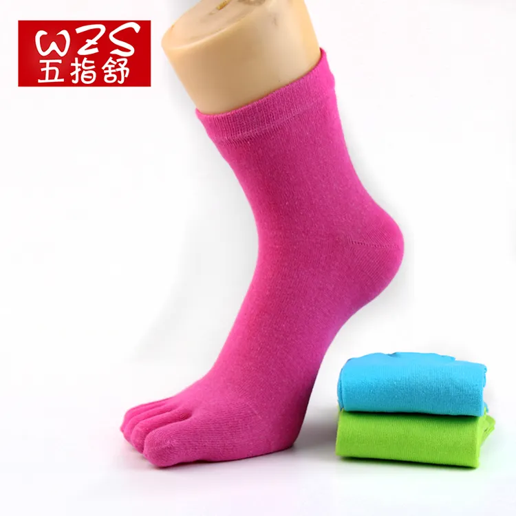 精梳棉纯色中筒女士五趾袜