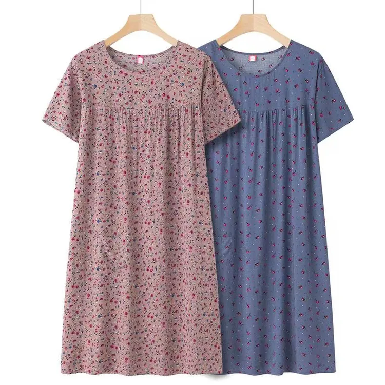 中老年人棉绸短袖睡裙女新款睡衣夏薄款妈妈宽松家居服连衣裙夏季