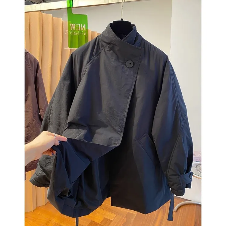 韩国时尚设计感一粒扣立领风衣棉服女冬季2024宽松中长款棉衣外套