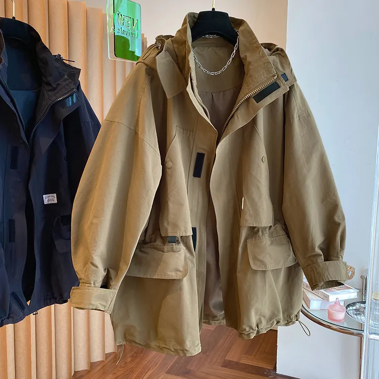 设计感小众宽松休闲复古工装连帽中长款风衣外套女秋季装2023新款