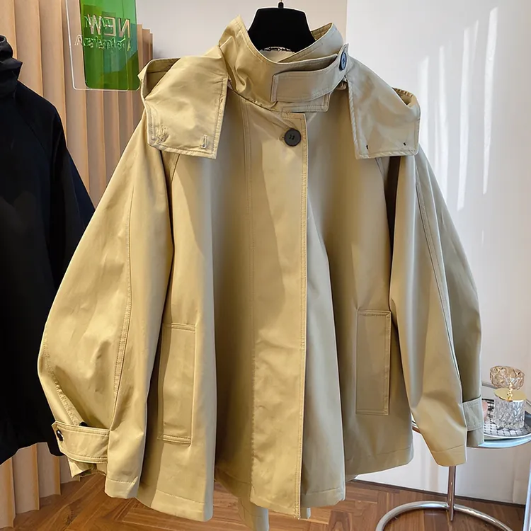 高级复古时尚洋气斗篷式设计感小众宽松休闲连帽风衣外套女春秋季