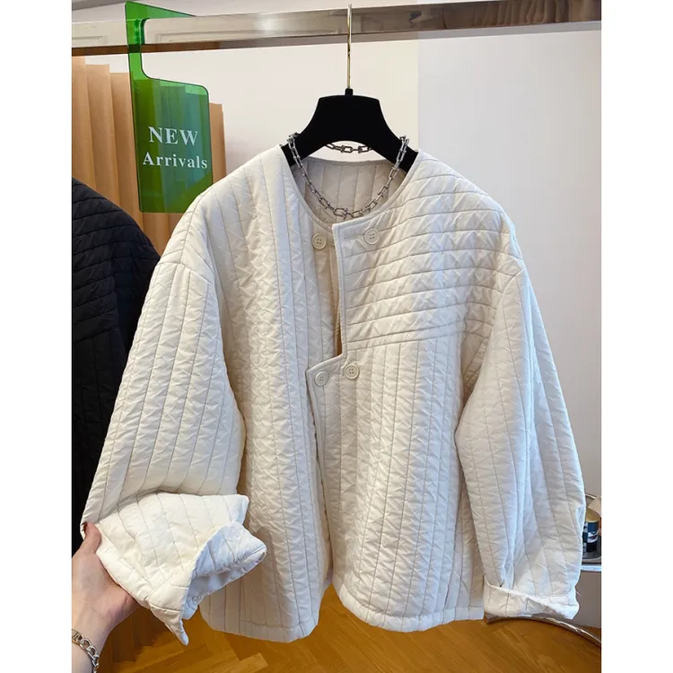 圆领绗缝轻薄棉服女冬季2024新款宽松休闲不规则门襟夹棉外套上衣