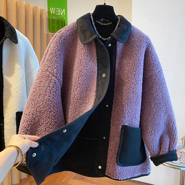 高级感韩版宽松加厚毛茸茸皮毛一体紫色毛绒外套女秋冬2024新款
