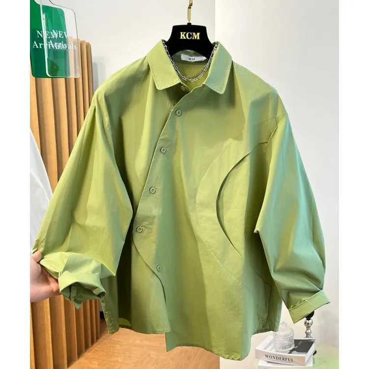 设计感小众别致宽松不规则门襟衬衫女秋季轻熟风独特气质绿色上衣