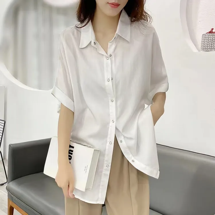 莱赛尔天丝牛仔衬衫女2024夏季新款短袖薄外套设计感白色宽松衬衣