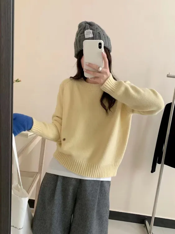 软糯慵懒风奶fufu短款圆领毛衣韩系温柔纯色内搭外穿针织上衣毛衣