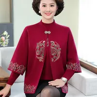 秋冬新款中老年毛衣两件套绣花洋气旗袍领福字开衫 妈妈装 针织衫