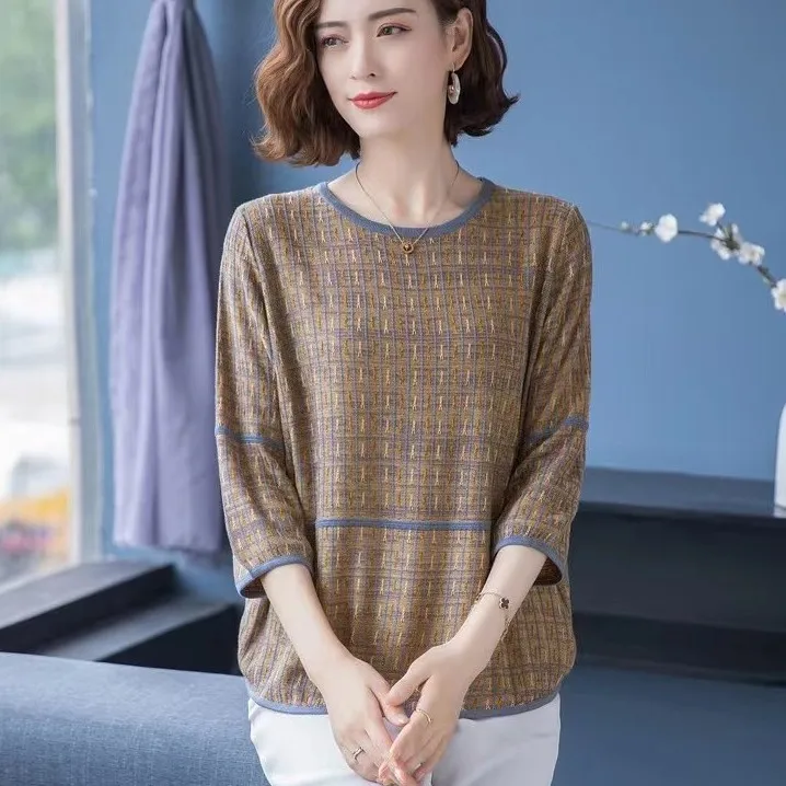 中老年秋季百搭洋气圆领大码女装宽松时尚气质显瘦妈妈装针织上衣