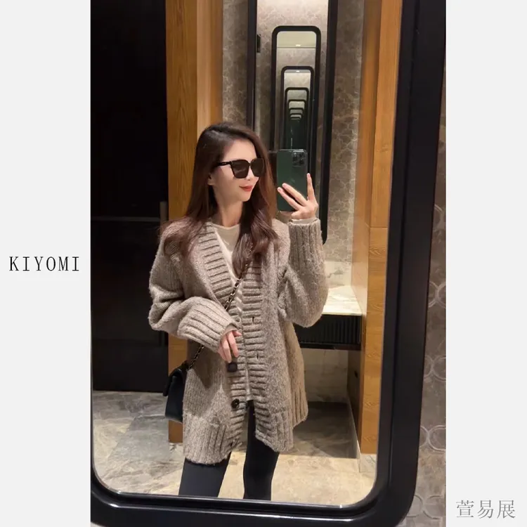 萱易展-秋冬复古温柔慵懒风V领针织毛衣开衫YN-091410