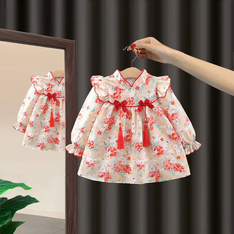 女宝宝春秋装新款连衣裙2025婴儿长袖礼服裙儿童周岁服喜庆公主裙