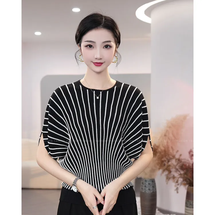 现货2025夏季新款【5478】设计感小众气质休闲黑色条纹女装针织小衫