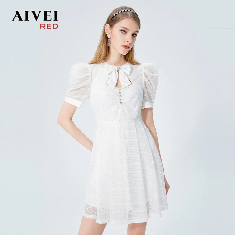 AIVEI春夏蝴蝶结高腰蕾丝连衣裙P016S029