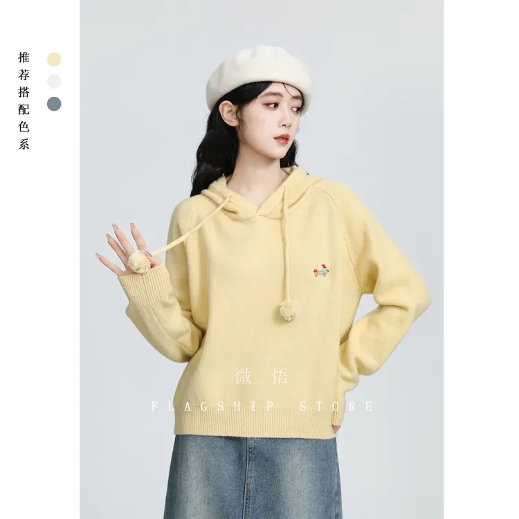 黄色连帽毛衣女春秋季2025新款刺绣设计感宽松打底针织衫套头上衣