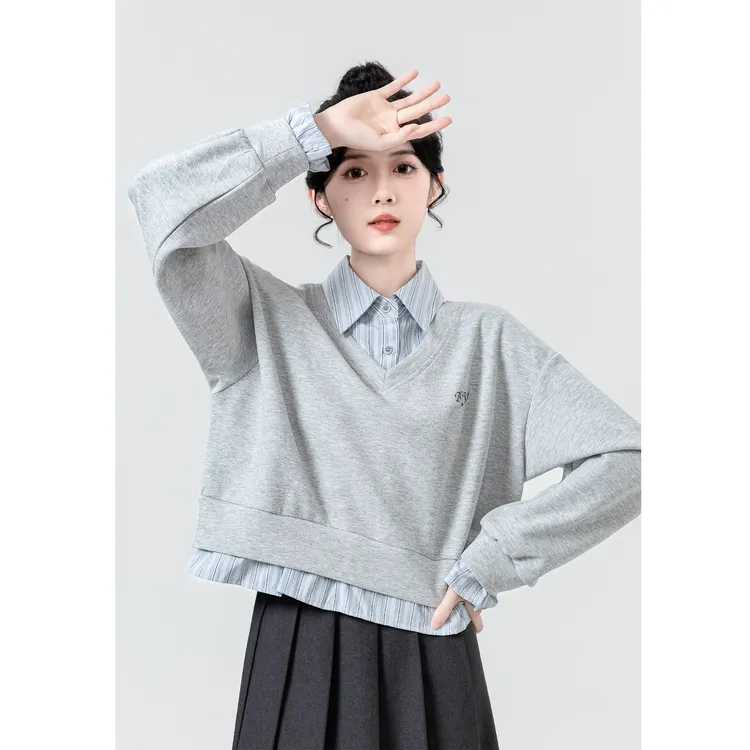 灰色长袖卫衣女春秋2025新款设计感拼接衬衫POLO领套头短款上衣