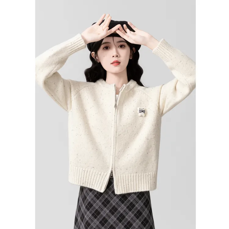 短款双拉链针织开衫女2025春秋新款设计感圆领毛衣外套小个子上衣