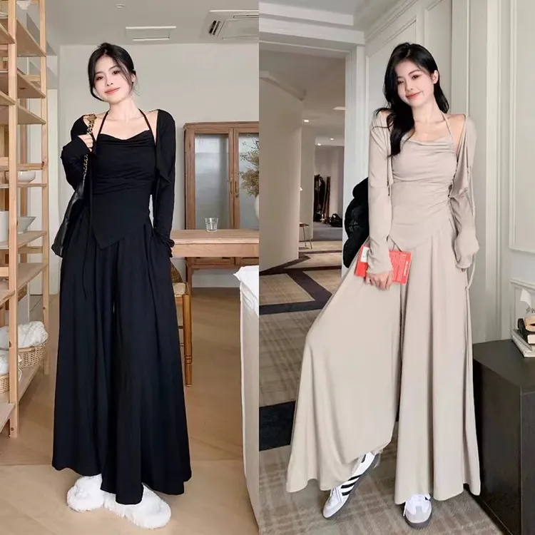 大码早秋胖mm慵懒不规则吊带防晒开衫阔腿裤显瘦藏肉加宽三件套女