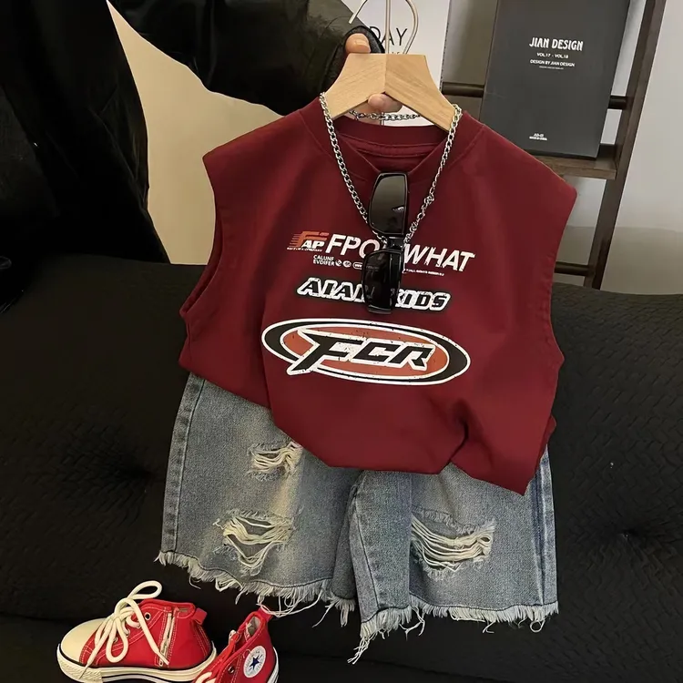 男童2025夏季新款韩版时尚套装字母印花洋气上衣破洞牛仔短裤炸街