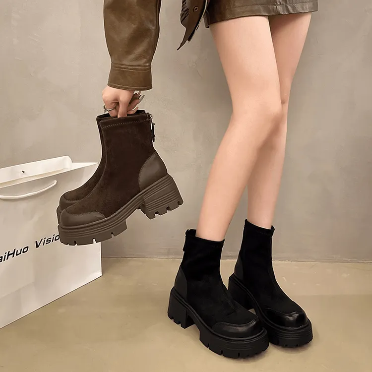 NiDiNG/逆町韩版粗跟高跟瘦瘦靴小个子百搭厚底秋冬弹力短靴女靴6