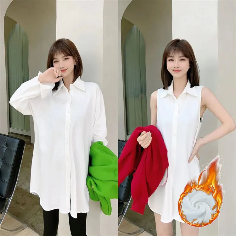 2025衬衫女秋冬款中长款叠穿无袖衬衫女内搭中长款叠穿加绒大码女