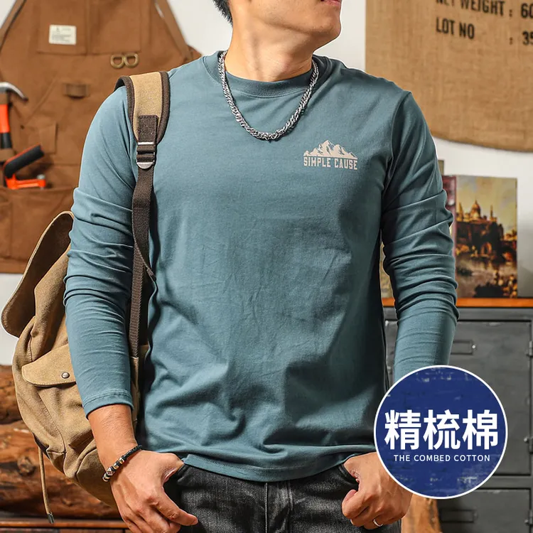 季言长袖t恤男秋季2025新款美式纯棉重磅 内搭打底衫男款山系衣服